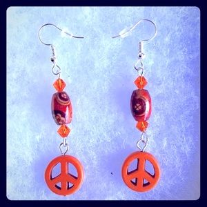 1 3/4” African Wood Beads & Peace Signs Earrings